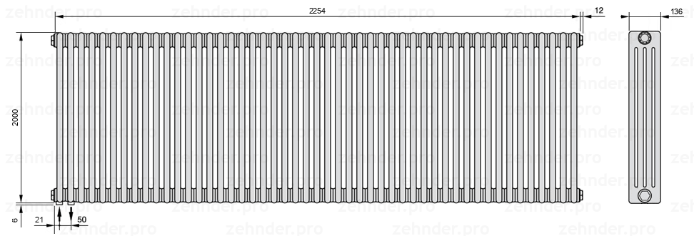 Схема (чертеж) Радиатор Zehnder Charleston 4200/49 №3370 Белый глянцевый RAL 9016